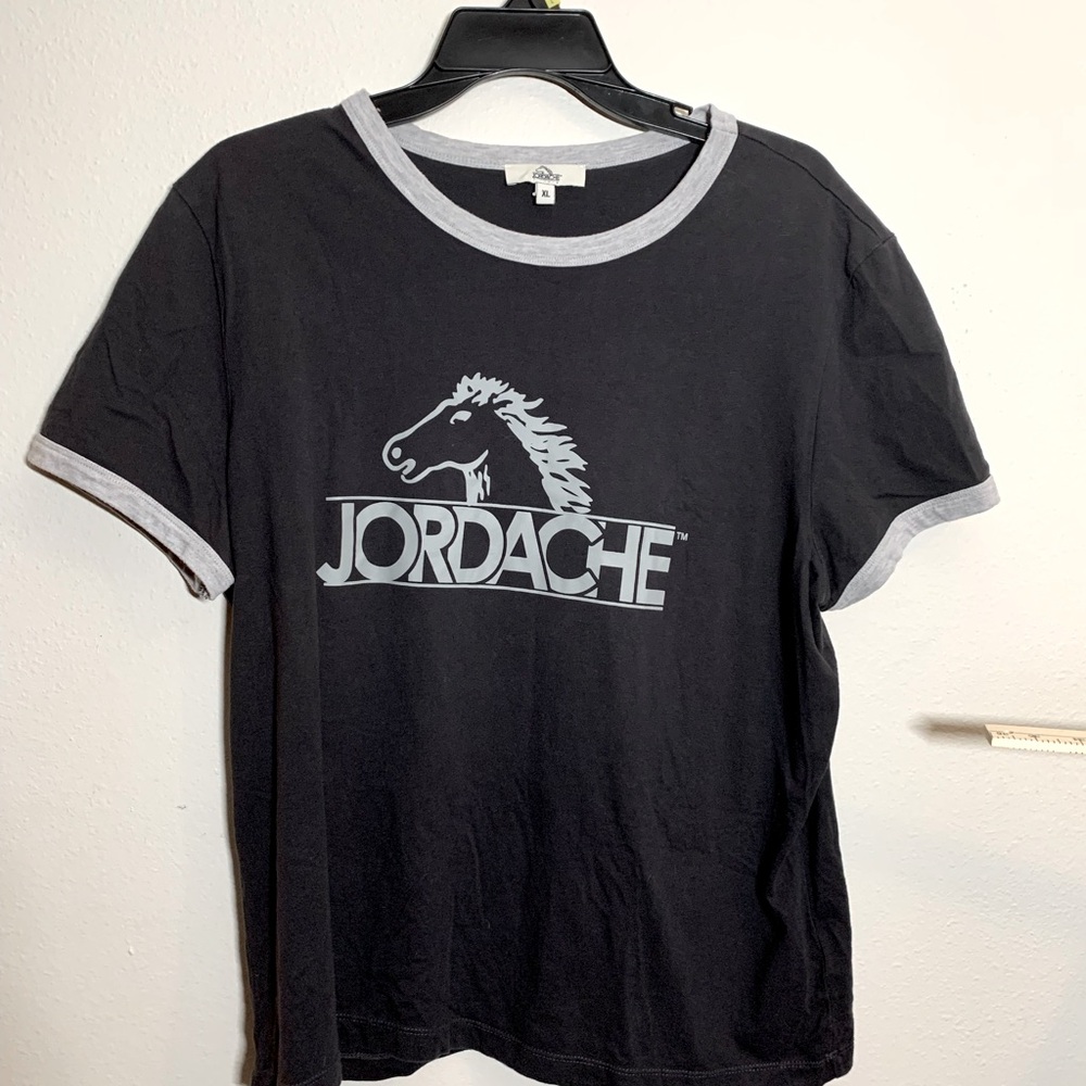 Jordache XL Shirt Women Black Gray Stripes Ringer Tee Logo Horse Cotton TShirt
